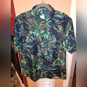 Coofandy Button Front Hawaiian Print Shirt Size L Short Sleeve Blue Men NWT